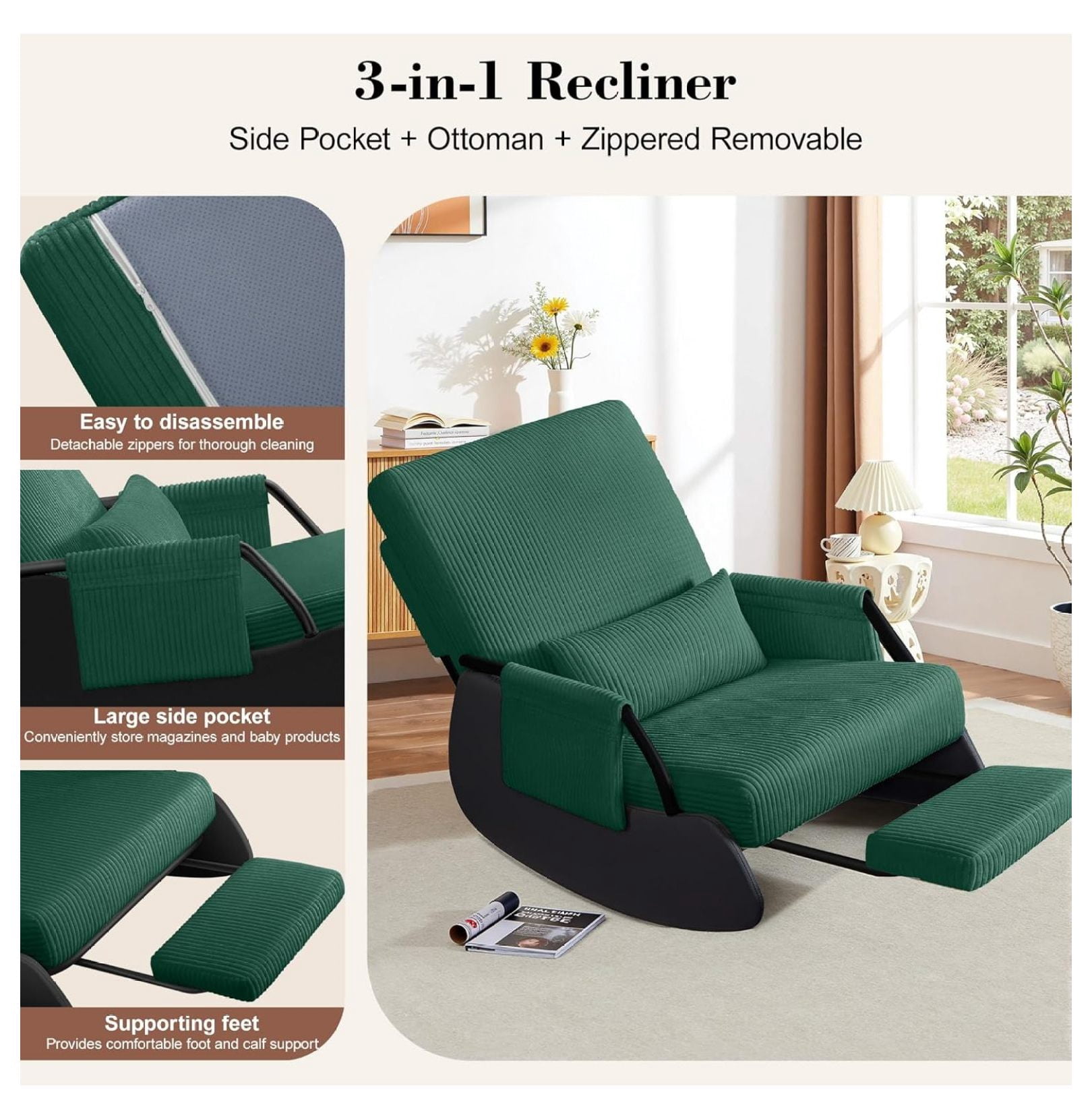 Rocking Chair , Low-Seat Glider Chair, Upholstered Rocking Chair with Side Pocket and Foot Rest, Comfortable Modern Accent Armchair Recliner for Mom Living Room Bedroom Green