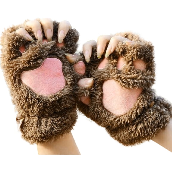 HEWUQI Womens Plush Paw Fingerless Gloves Soft Fuzzy Bear Claw Half Finger Hand Warmers Cute Winter Daily Gloves Khaki