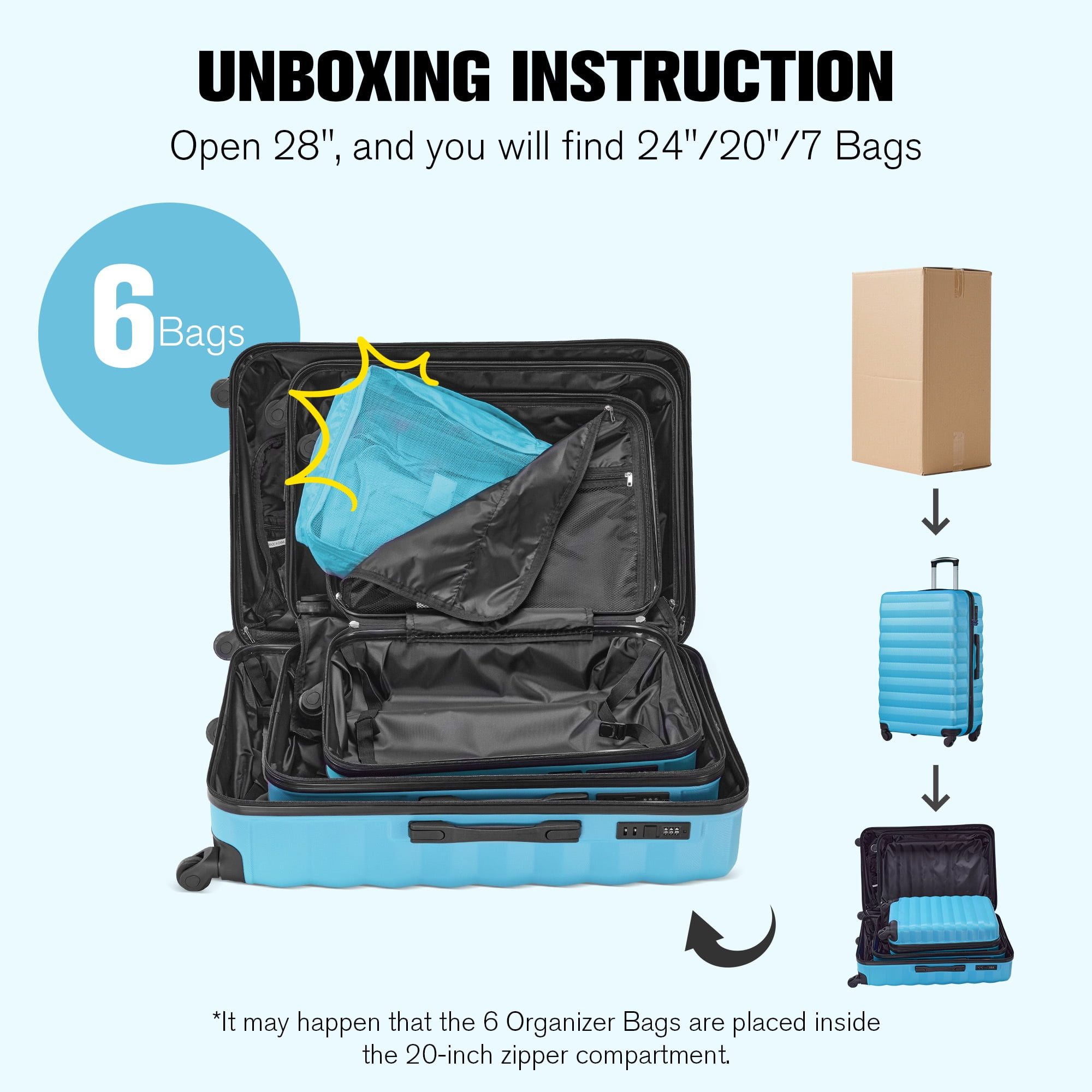 9 Piece Luggage Sets, Hard 20 24 28 inch Luggage with 6 Pieces Organize Bags Travel Suitcases Sets with Wheels,Blue
