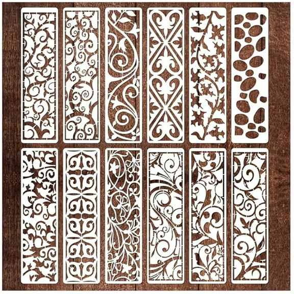12 pieces Border Stencils for Painting, Leaf Stencil Template Reusable Furniture Cake Decorative Stencils for Wood DIY Craft Canvas Fabric (12 Border Floral)