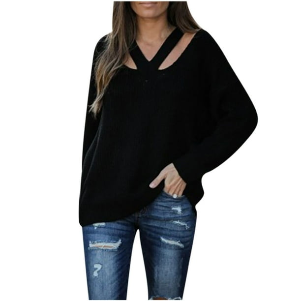 Moda mujer Color sólido manga larga Pullove cuello en V Casual suéter Tops Fridja hjk2302