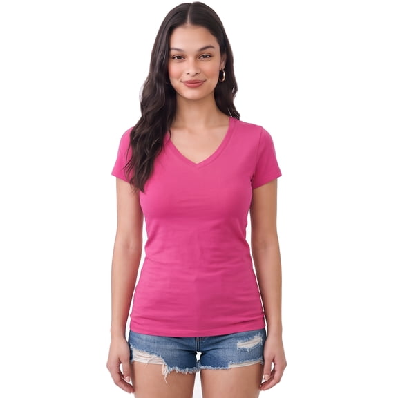 Emmalise Women's Basic Short Sleeve V-Neck T-Shirt, Fuchsia