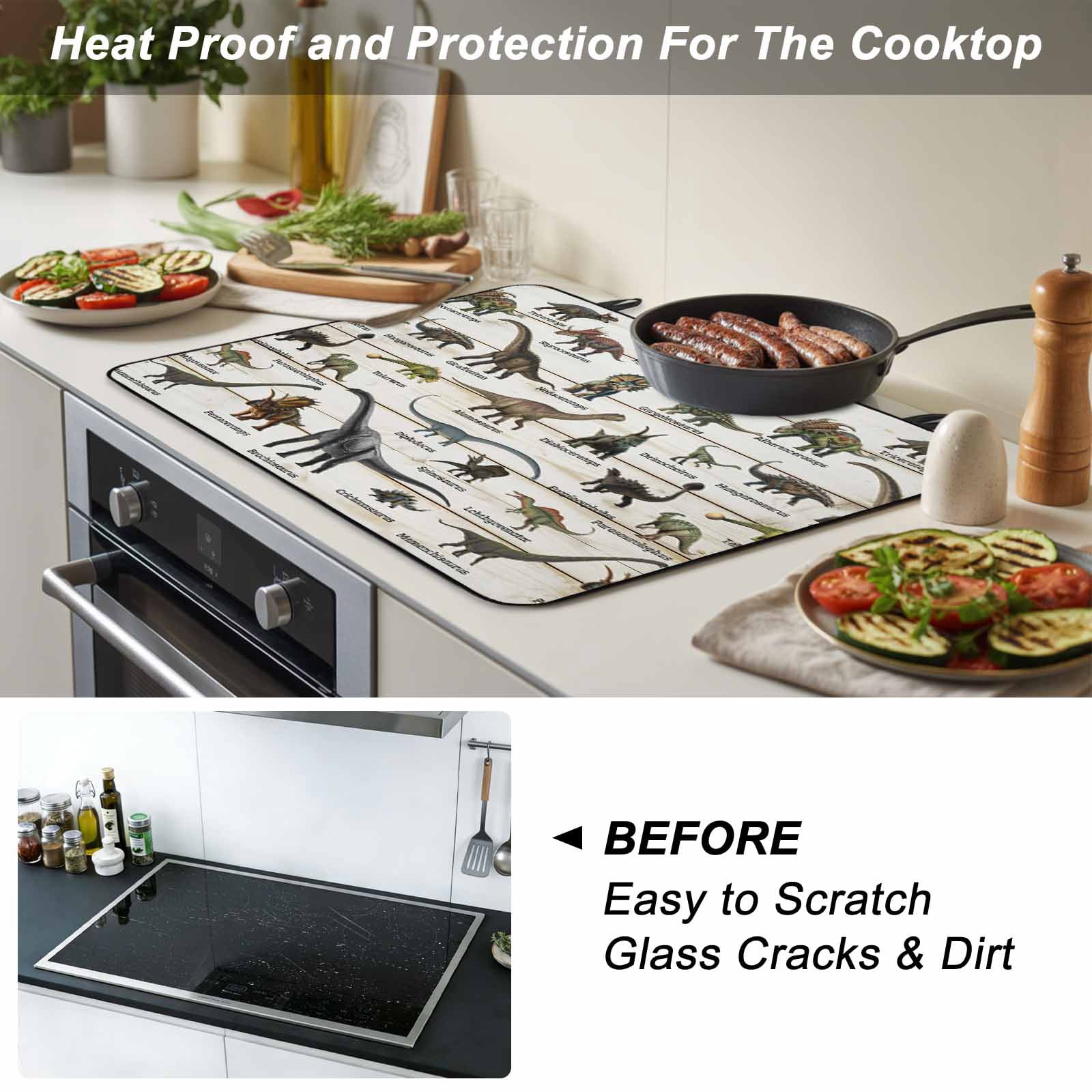 Dinosaurs Stove Top Cover for Electric Stove, Heat-proof & Non Slip Glass Top Stove Cover Protector, Natural Primitive Wild Animals Wood Grain Kitchen Flat Cooktop Rubber Mat 24x21 Inches