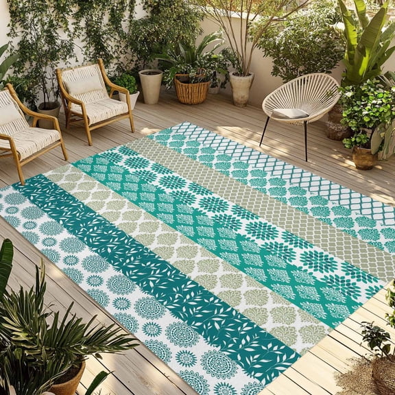 Turquoise Boho Outdoor Rug for Patio/Deck/Porch, Non-Slip Large Area Rug 4 x 6 Ft, Modern Abstract Art Floral Geometric Indoor Outdoor Rugs Washable Area Rugs, Reversible Camping Rug Carpet Runner