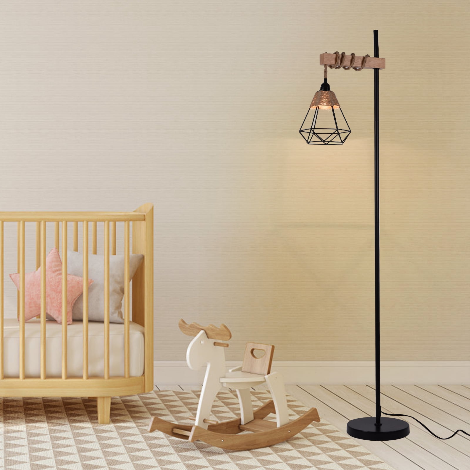 Fichiouy Industrial Floor Lamp with Rattan Lampshade Farmhouse Standing Lamp for Living Room Bedroom Office Dining Room