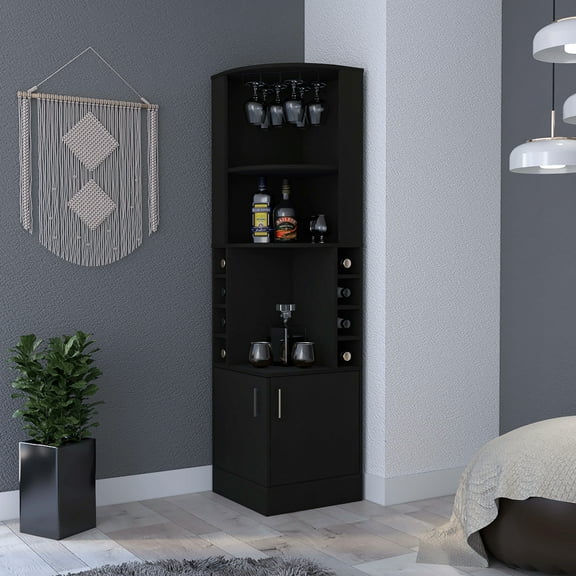 Corner Bar Cabinet, Black, Eight 4.4'' X Wine , Glass Rack Built-in Furniture, Holder Unit