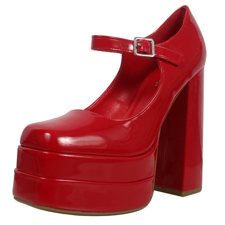 

Soda Women s Faux Leather High Platform Chunky Block Ankle Strap Heel Red 9 M US