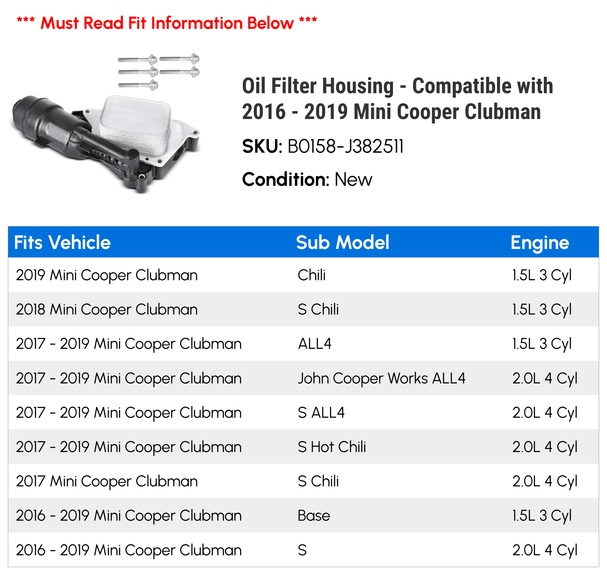 Oil Filter Housing - Compatible with 2016 - 2019 Mini Cooper Clubman - Autopart Premium