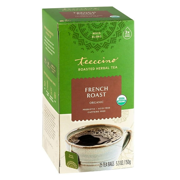 Teeccino French Roast Herbal Tea - Caffeine Free & Prebiotic for Natural Energy, Coffee Alternative, 25 Tea Bags