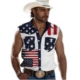 thumbnail image 2 of fnnxeal Mens Blue Vintage Flag Western Sleeveless Button Down Shirt Stretch Casual Patriotic Top with Chest PocketsSize L, 2 of 5