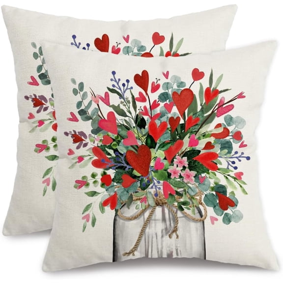 Valentines Day Pillow Covers 18X18 Set of 2,Vase Heart Floral Decor Holiday Farmhouse Pillow Case Gifts Decoration for Home Sofa Couch AA300-18-2