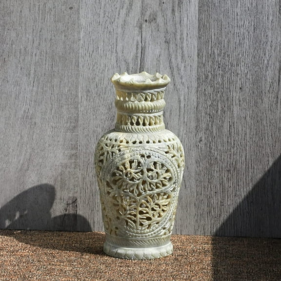 India Meets India Soap Stone Flower Vase w/ Hollow Design [Off-White], Decorative Stoneware Flower Vase for Home Décor/Living Room/Office/Table Top/Dining Area and Windowsill Décor, 7.5 INCHES