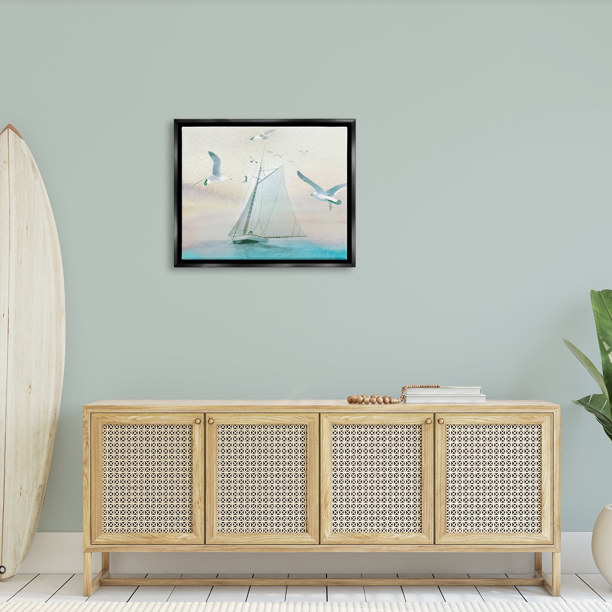 Stupell Seagulls Flying Ocean Sailboat Landscape Painting Black Floater Framed Art Print Wall Art