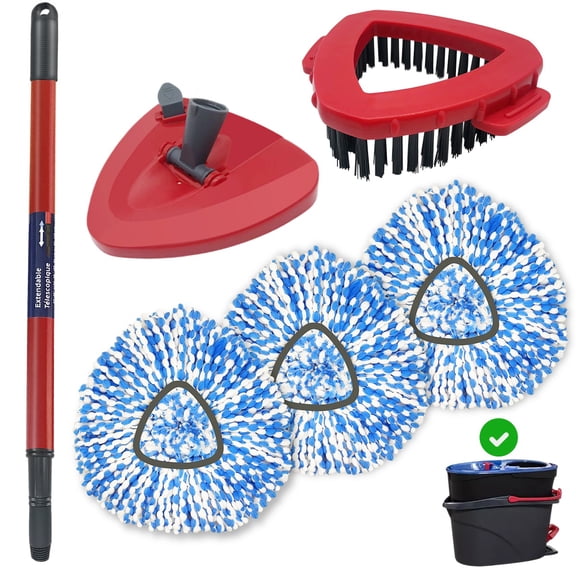 6-Piece Spin Mop Replacement Set - Compatible with O Cedar Rinseclean | 3 Mop Heads   1 Handle   1 Base   1 Scrub Brush | Durable Home Cleaning Kit