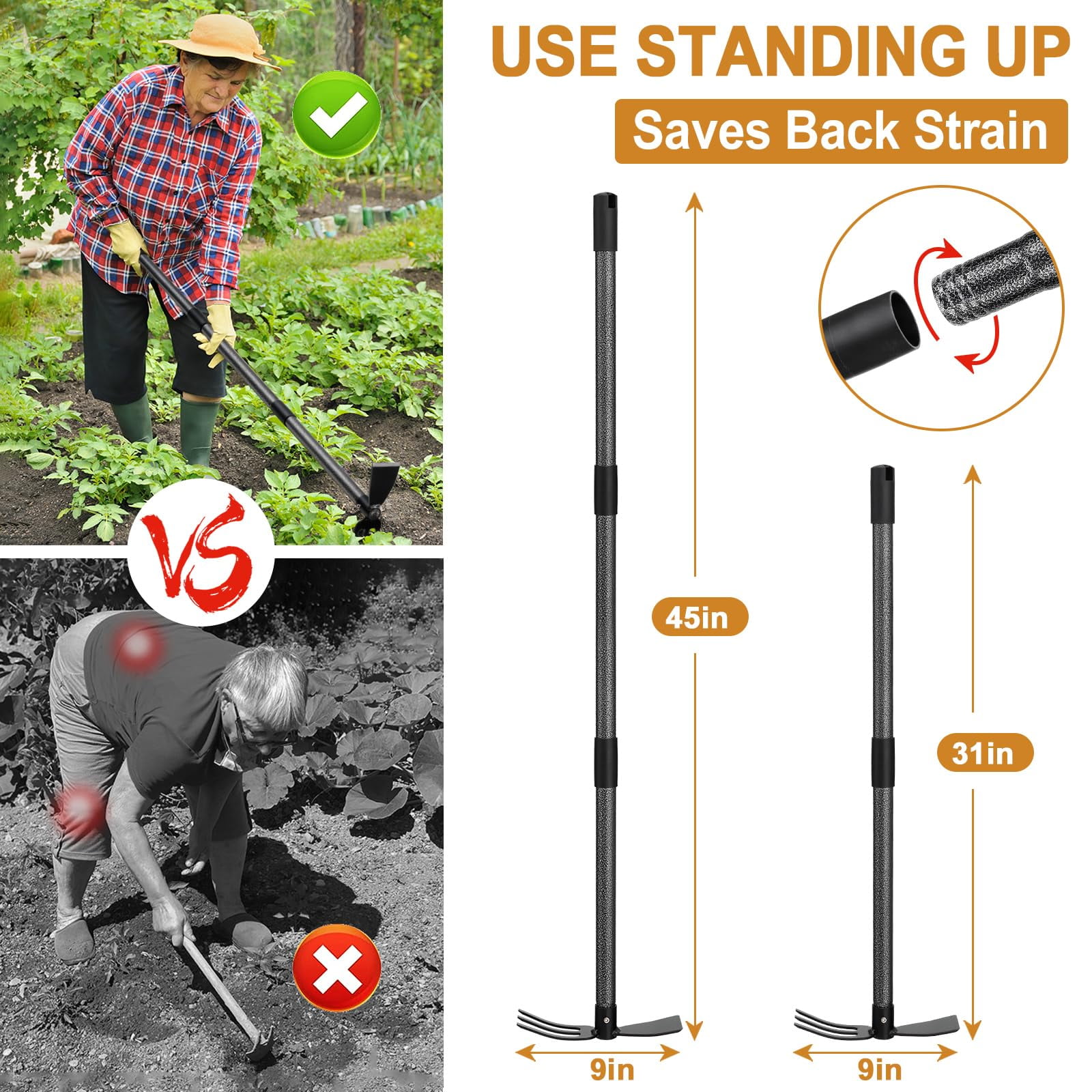 CHEASYOU Garden Hoe Tool, Adjustable Heavy Duty Dual-Head Weeding Tool for Weeding, Tilling, Lawn Yard Flower Bed Gardening Tool