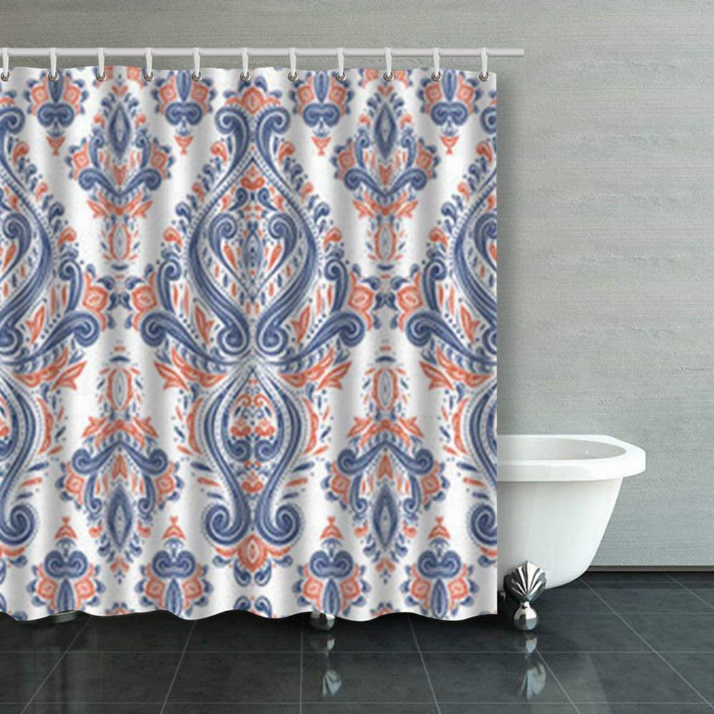 BPBOP Blue Orange Ornamental Seamless Pattern Vintage Medallion Shower Curtains Bathroom Curtain