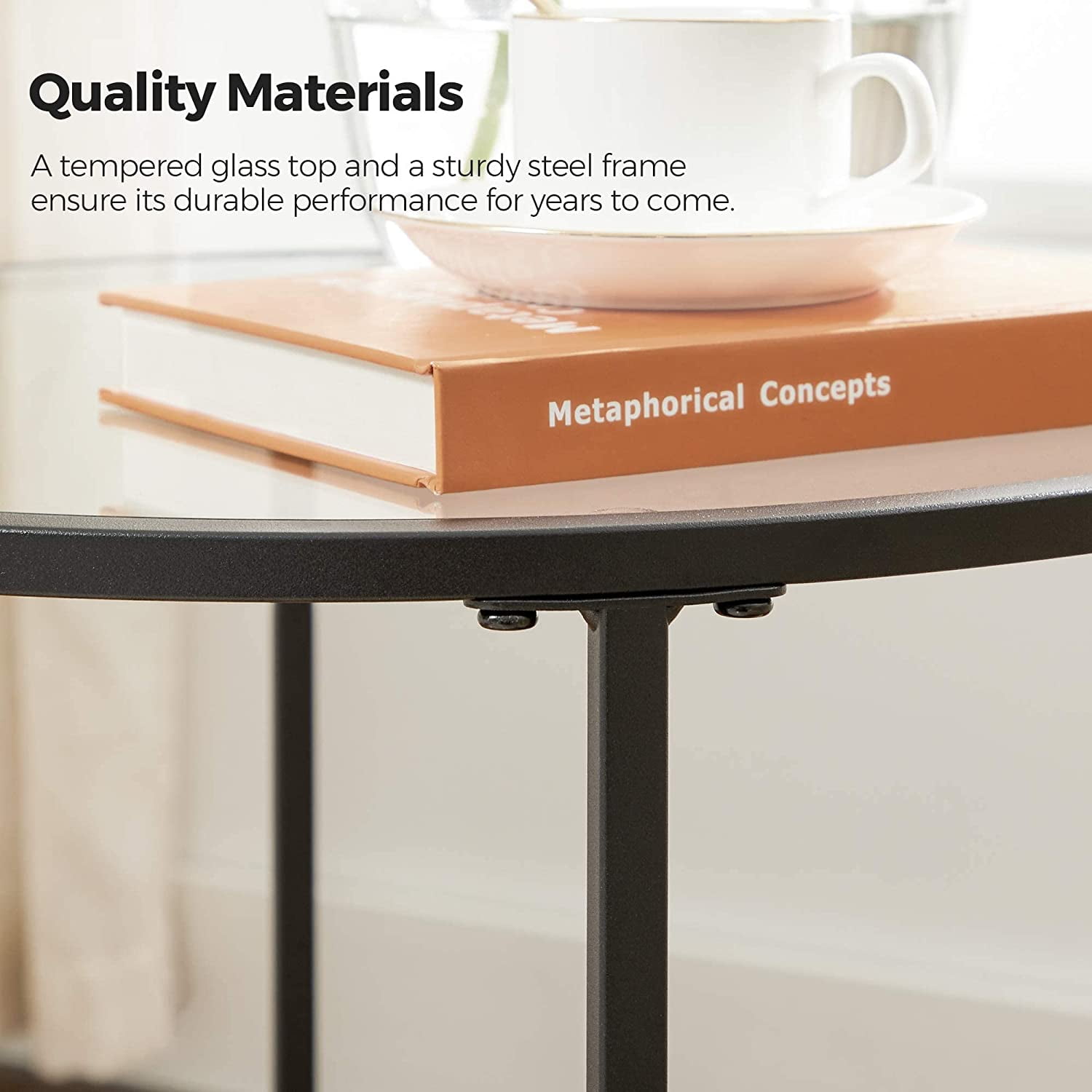 VASAGLE Round Side Table Glass End Table with Metal Frame Black Coffee Table with Modern Style for Living Room, Balcony, Bedroom, Black