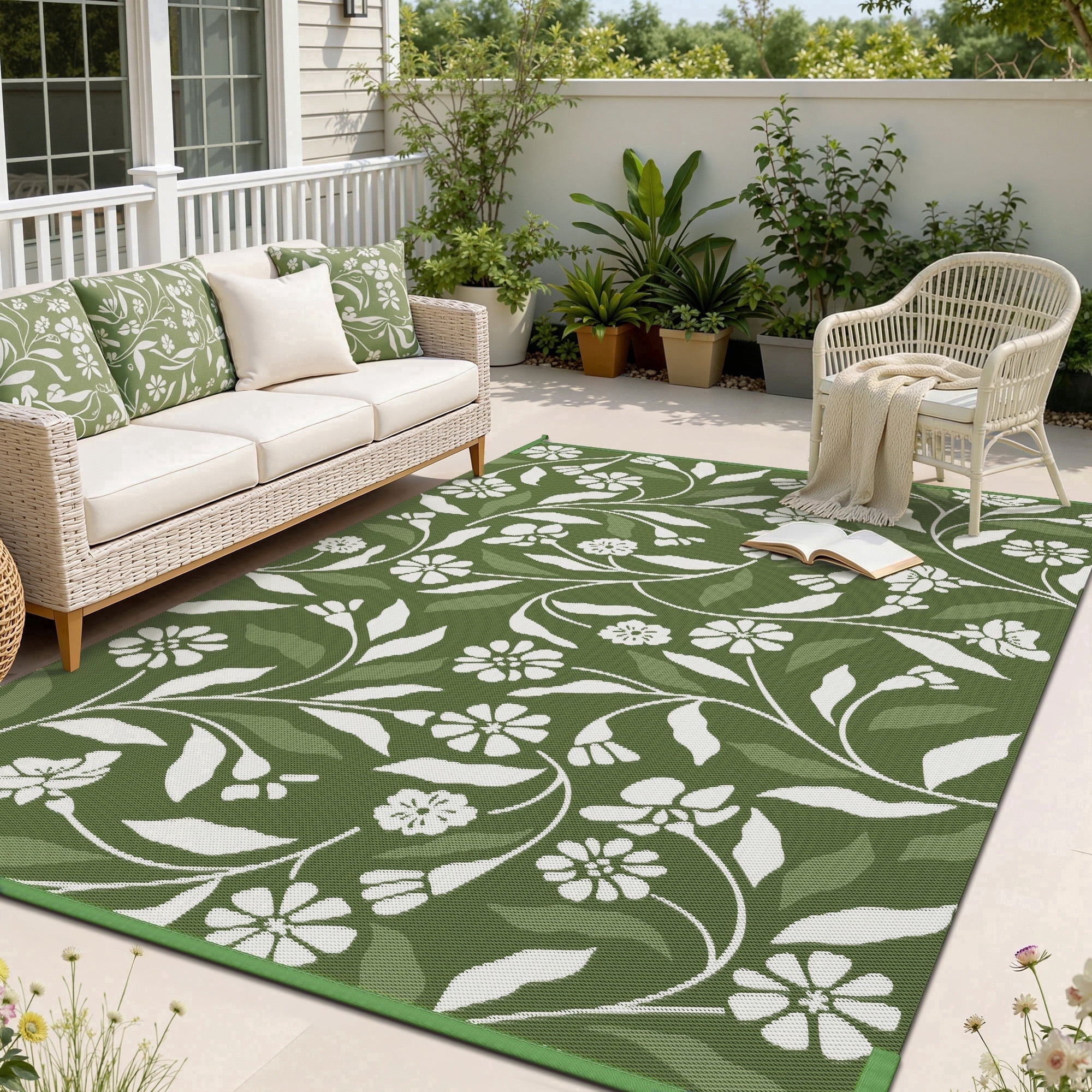 SIXHOME Outdoor Rug 5'x8' Waterproof Reversible Patio Rug Boho Geometric Indoor Outdoor Rugs Lightweight Plastic Straw Ourdoor Carpet for RV Camping Deck Balcony Modern Porch Decor Green