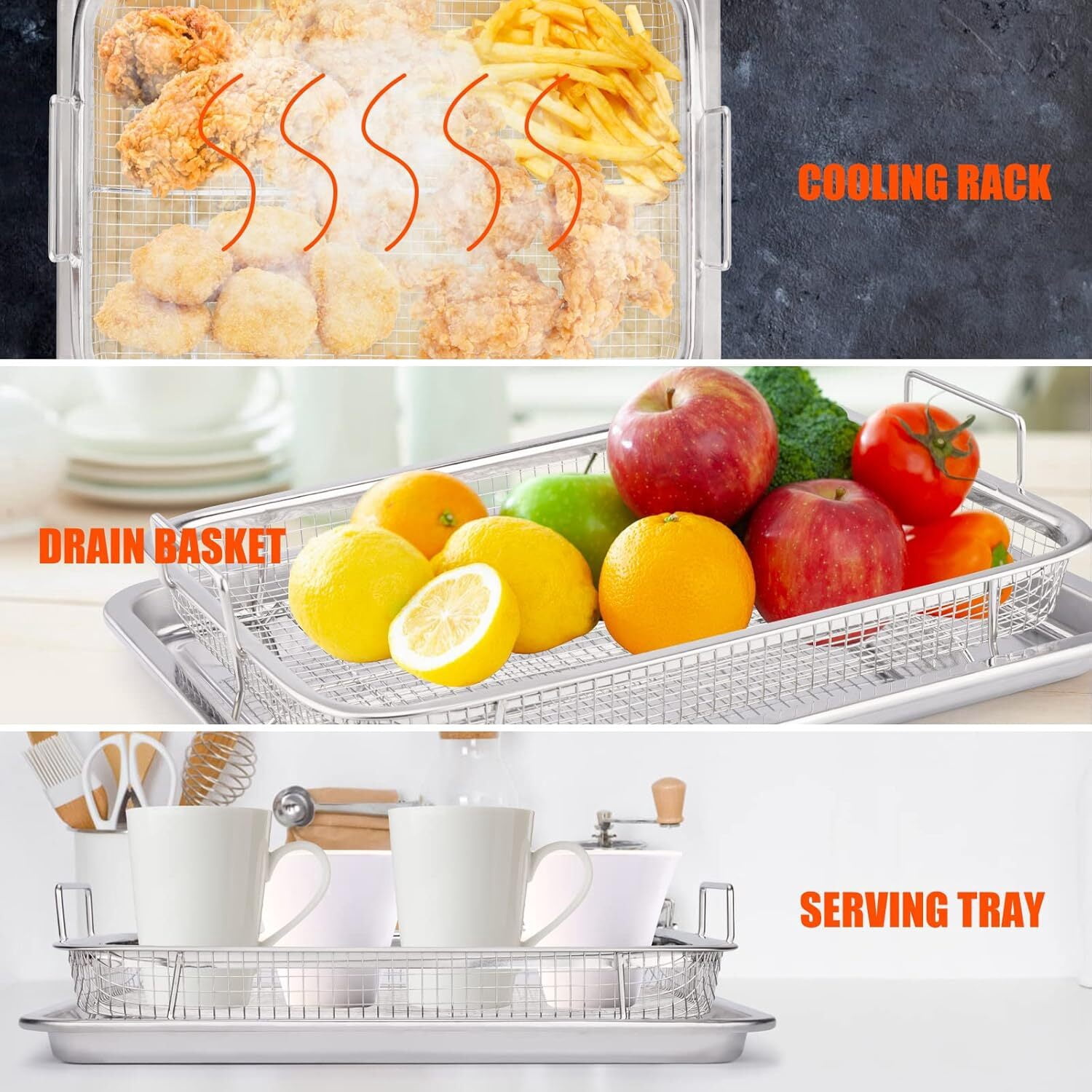 LQQBOX Air Fryer Basket for Oven, 19.09'' x 12.8'' Extra Large Air Fryer Basket and Pan, Stainless Steel Oven Air Fryer Basket and Tray