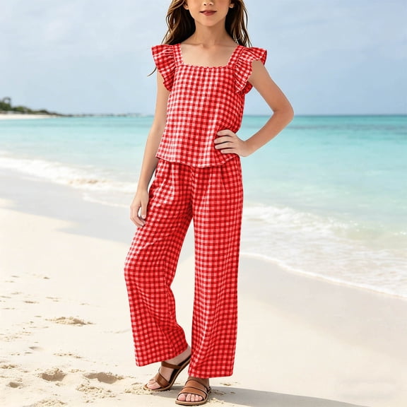 Mifsaly Little Girls 2 Piece Vacation Outfits Plaid Print Square Neck Flutter Sleeve Tops and Flowy Wide Leg Pants with Pockets Kids Soft Breathable Summer Casual Beach Clothes