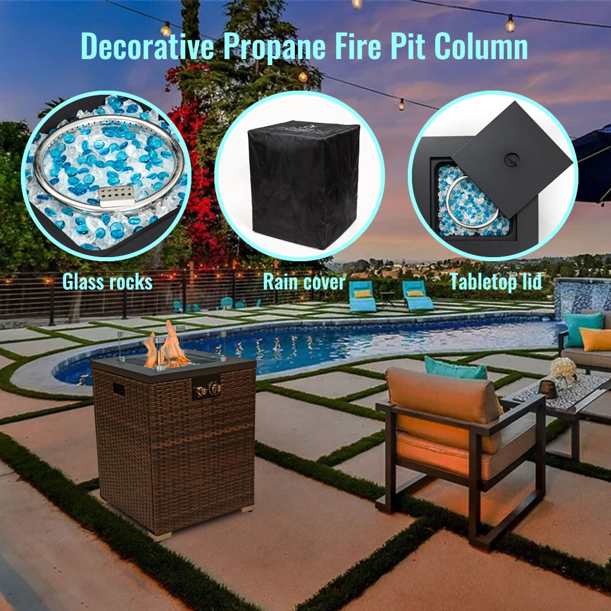 AJ Enjoy 22" Square Wicker Fire Pit Table, 40,000 BTU Gas Propane Heater for Patio Garden