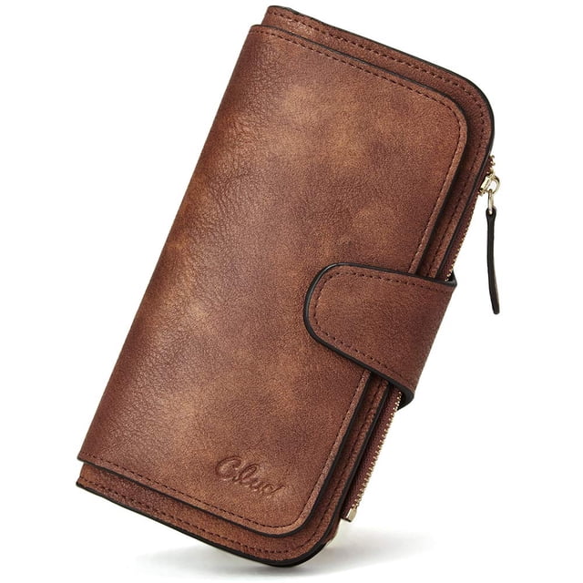 Billetera CLUCI de piel para mujer con bloqueo RFID, triple pliegue, marrón