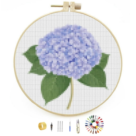 Hydrangea Flower Graphic Stamped Cross Stitch Kits for Beginners with Hoop Simple Patterns 11CT Counted Embroidery Needlepoint Crafts Arts for DIY Enthusiasts and Home Decor 26x26cm(2)