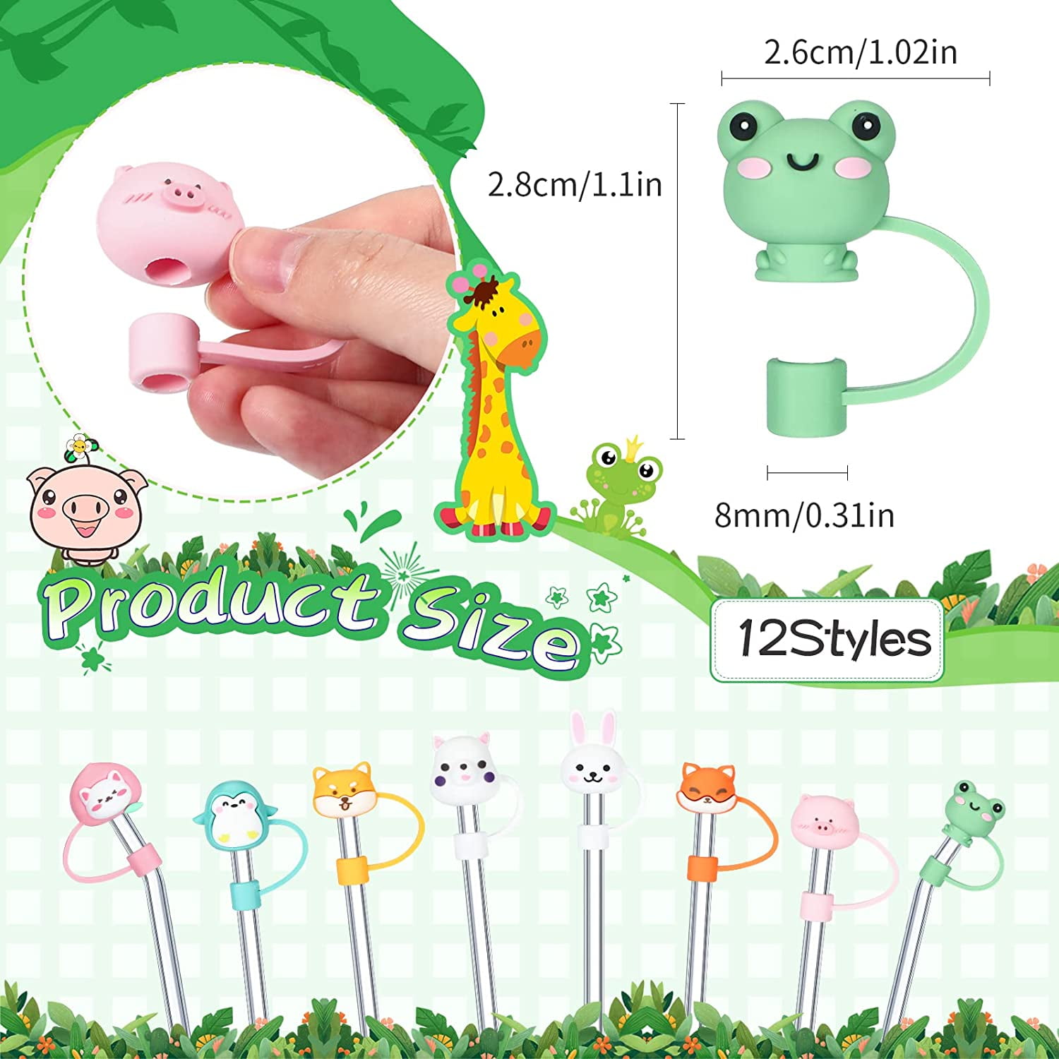 Jikolililili Pig Shape Straw Tip Covers, Dust-Proof Straw Cap Toppers,  Reusable Silicone Soft Protector Cover for 0.28 - 0.31 inch/7 - 8 mm Straws