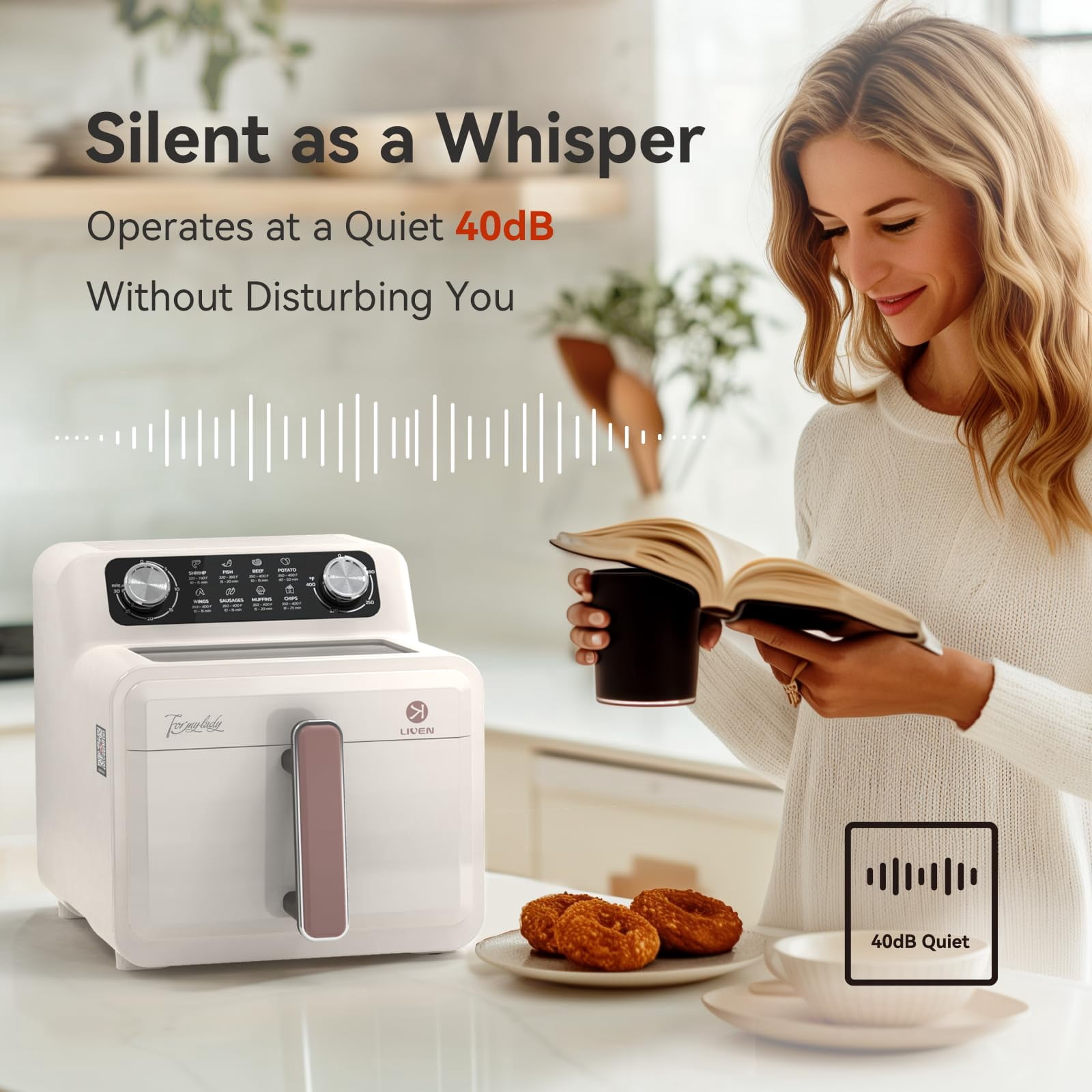LIVEN Large Air Fryer 7 QT, Airfryer Family Size with 8 Preset Cooking, Viewing Window, Easy Clean, Low-noise for Quick Easy Meals French Fries Drumsticks Steak Bacon Fish Shrimp Cake, White