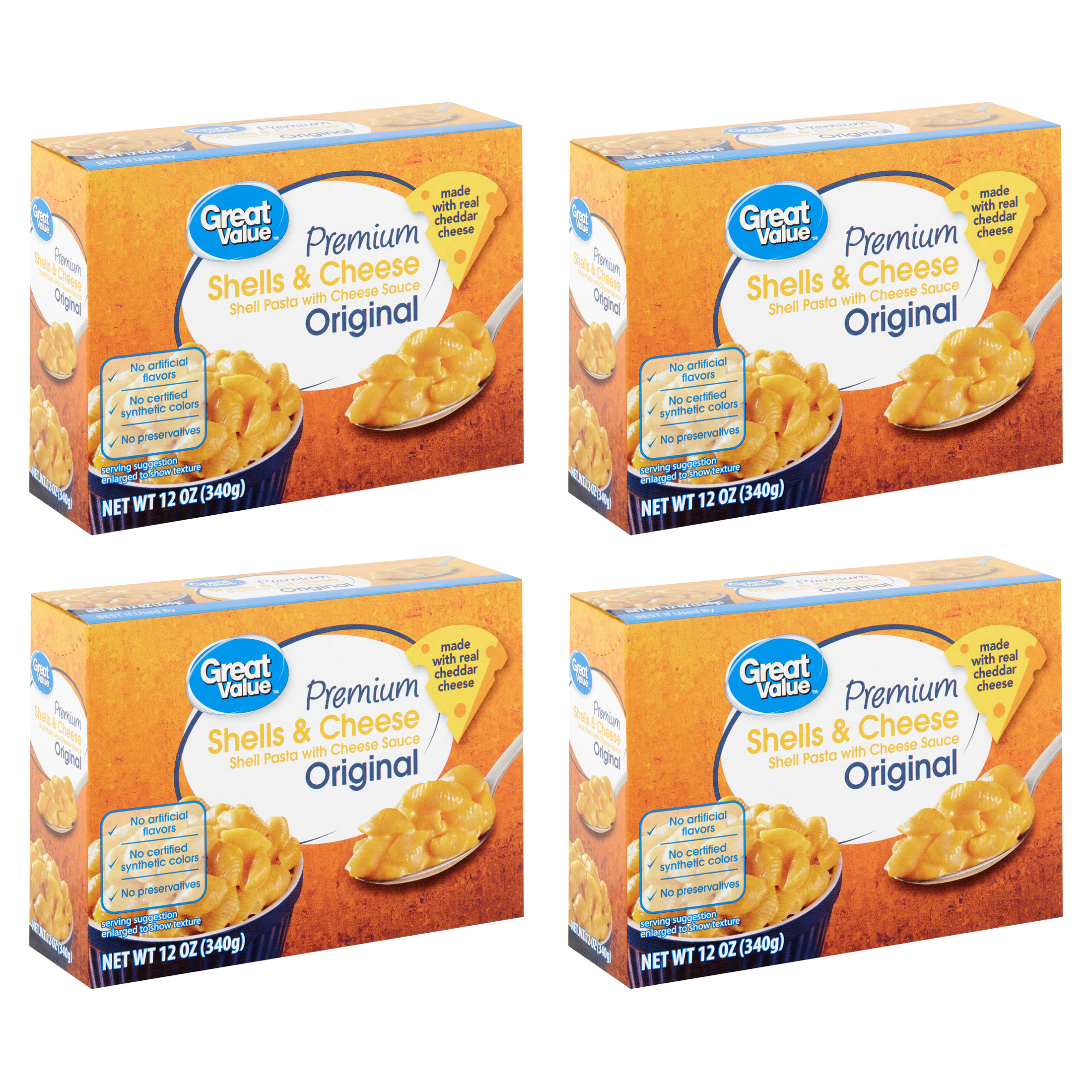 (4 pack) Great Value Premium Original Shells & Cheese, 12 oz Shelf