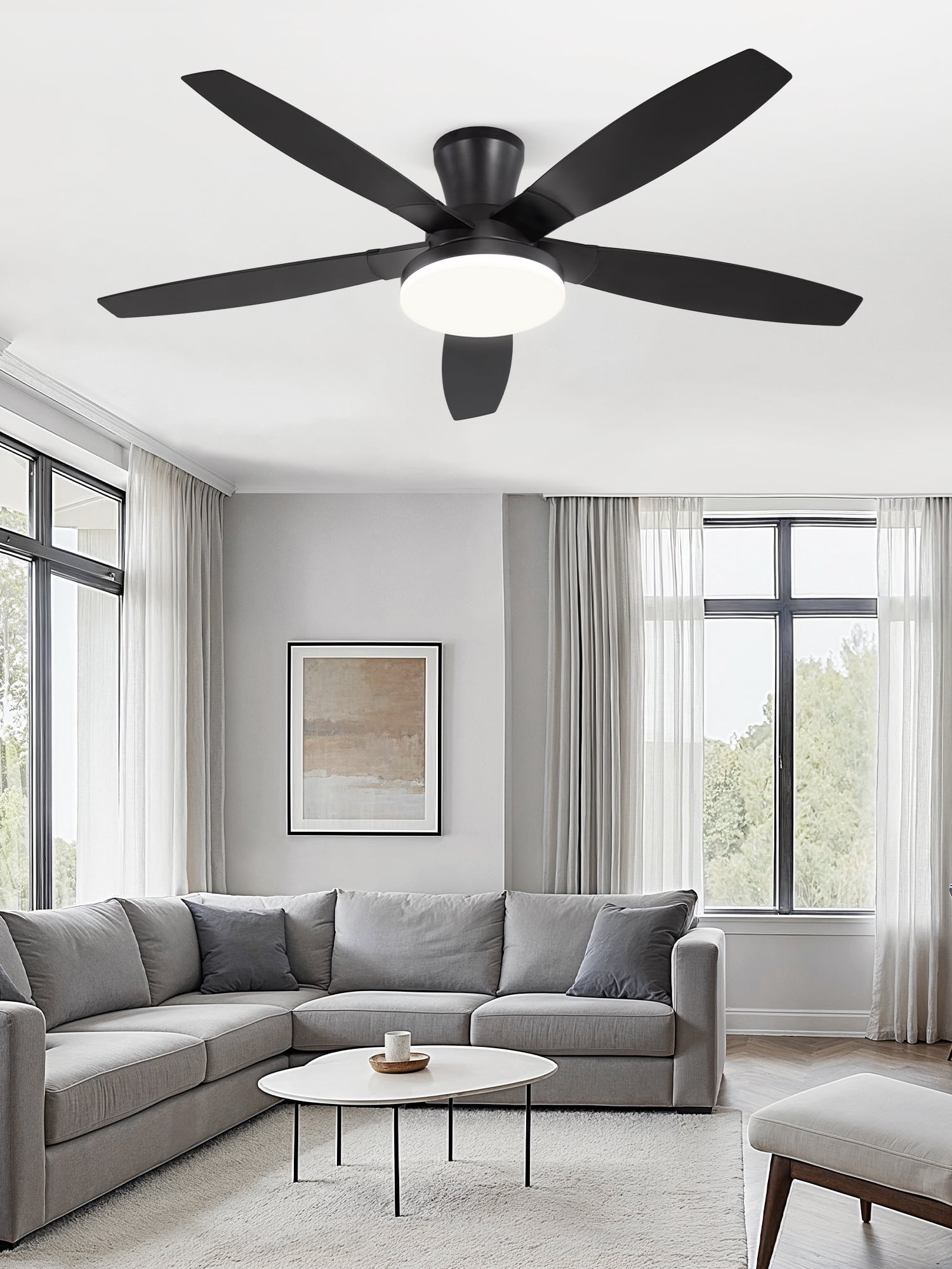 Zardon 52in Ceiling Fans with Light and Remote Control, Flush Mount Ceiling Fans with Reversible 6 Speeds, for Indoor, Outdoor, Black