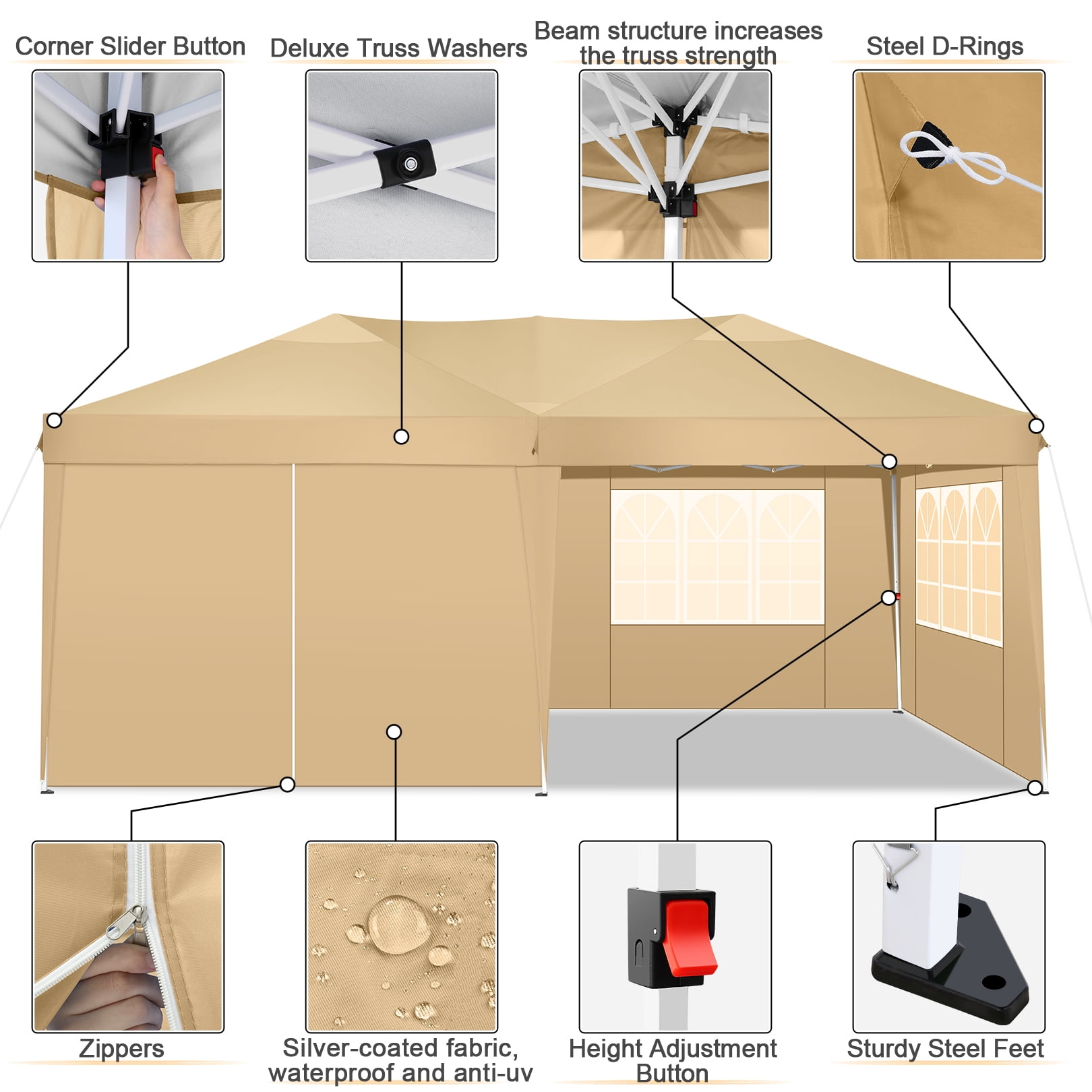 SANOPY 10' x 20' EZ Pop Up Canopy Tent Party Tent Outdoor Event Instant  Tent Gazebo with 6 Removable Sidewalls and Carry Bag, Khaki