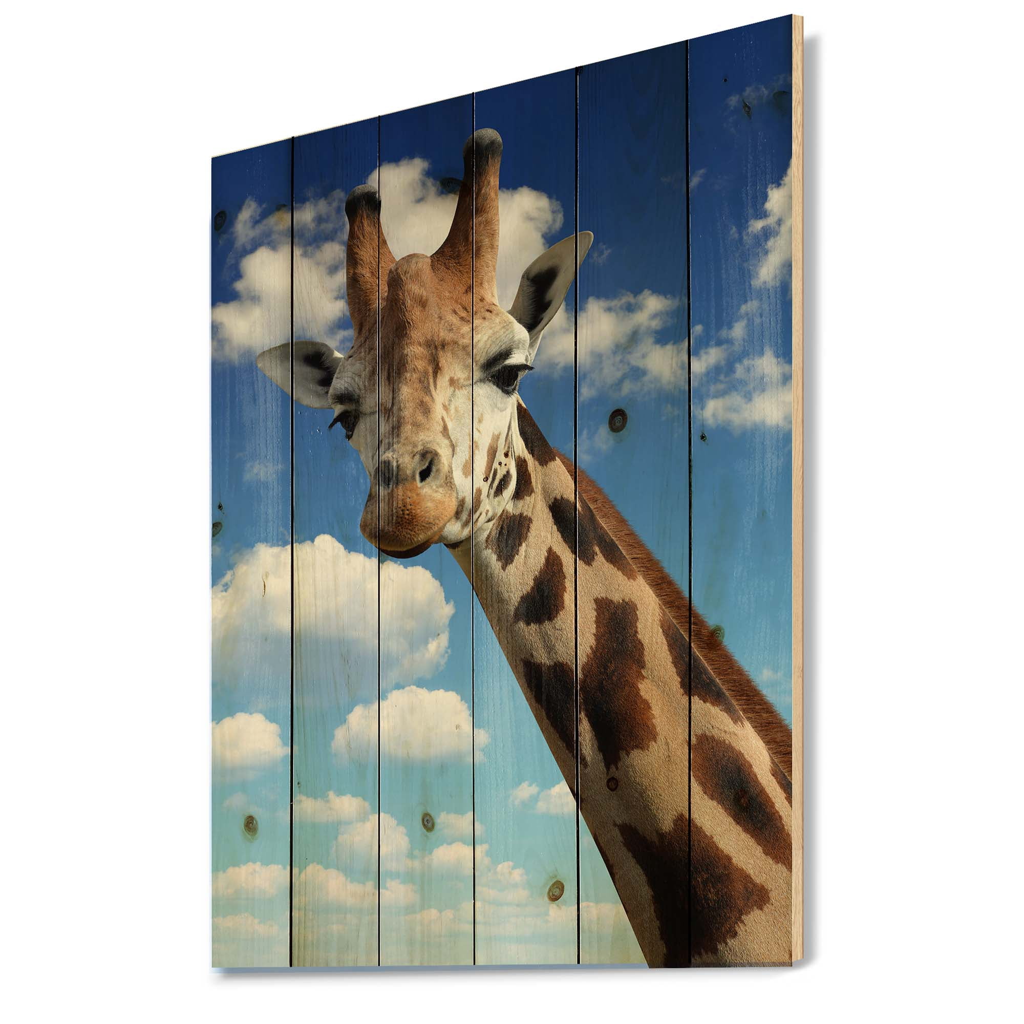 Designart 'A Giraffe On A Blue Sky Portrait' Farmhouse Print on Natural Pine Wood
