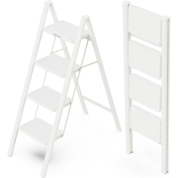 4 Step Ladder, Folding Step Stool with Wide Pedals, Sturdy Steel Ladders with Anti-Slip Feet, Compact Kitchen Stepping Stool, Supports up to 330 lbs - White