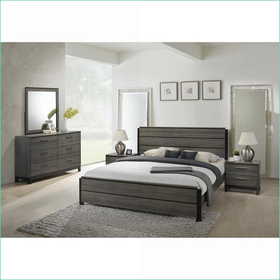 Bedroom Set 5-Piece Queen Size with Bed, Dresser, Mirror, 2 Nightstands | Slate Gray Wood | Wood | Standard Beds