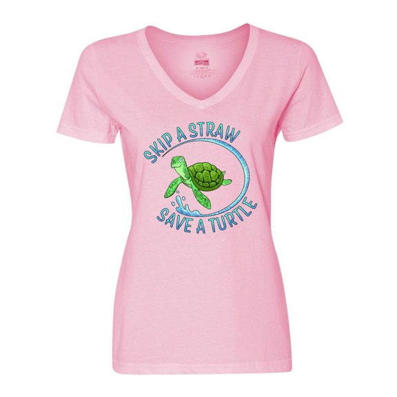 Inktastic Skip a Straw Save a Turtle with Cute Green Sea Turtle Women's V-Neck T-Shirt