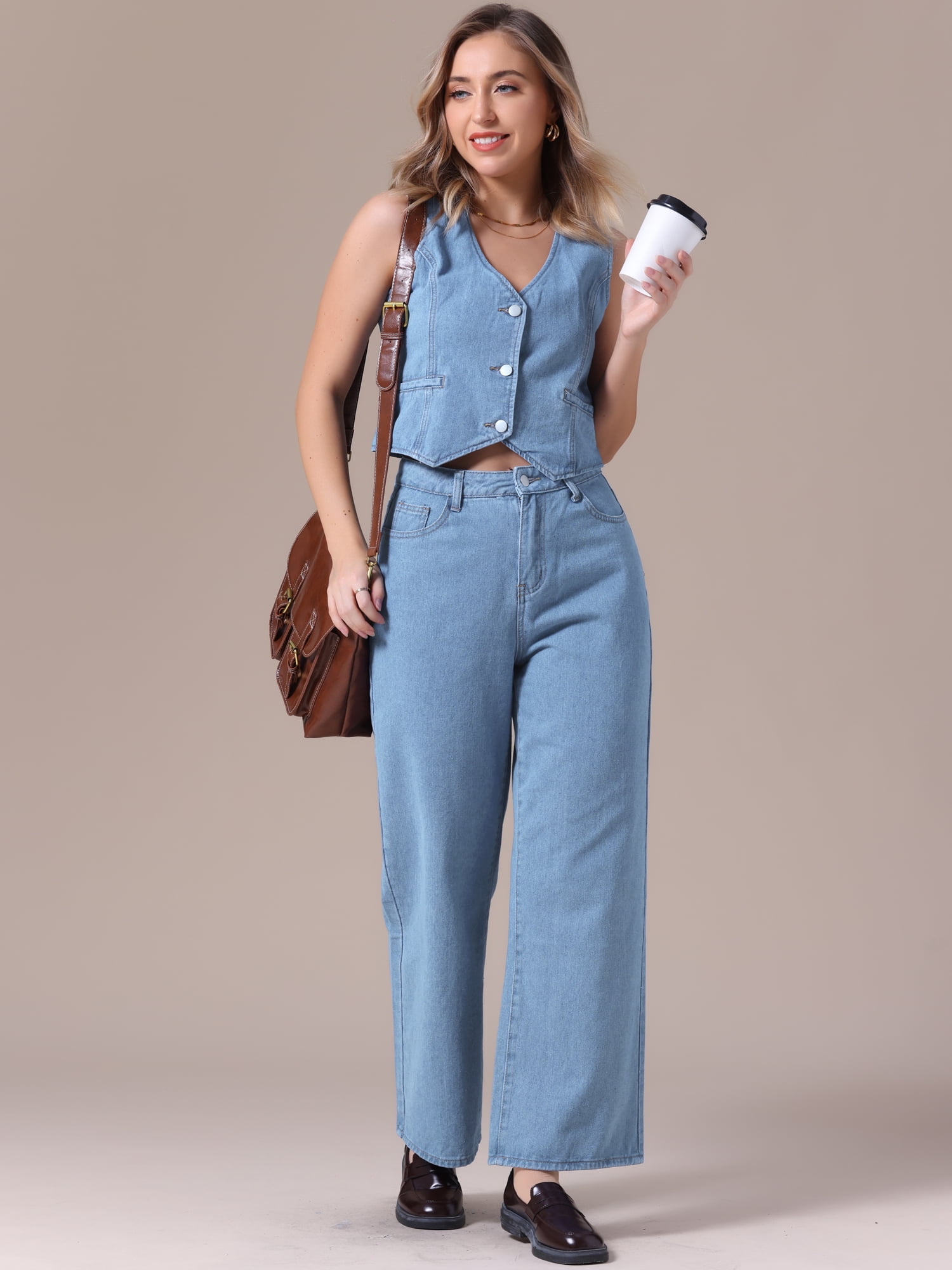 DARING DIVA Women's Denim Set 2 Pieces Outfits Matching Wide Leg Jeans S Light Blue