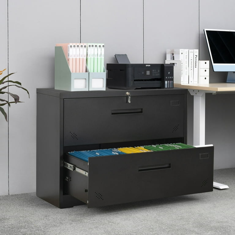 Black Lateral File Cabinet With Lock 2 Drawer Filing For Legal Letter A4 Size Locking Metal Wide Home Office Com