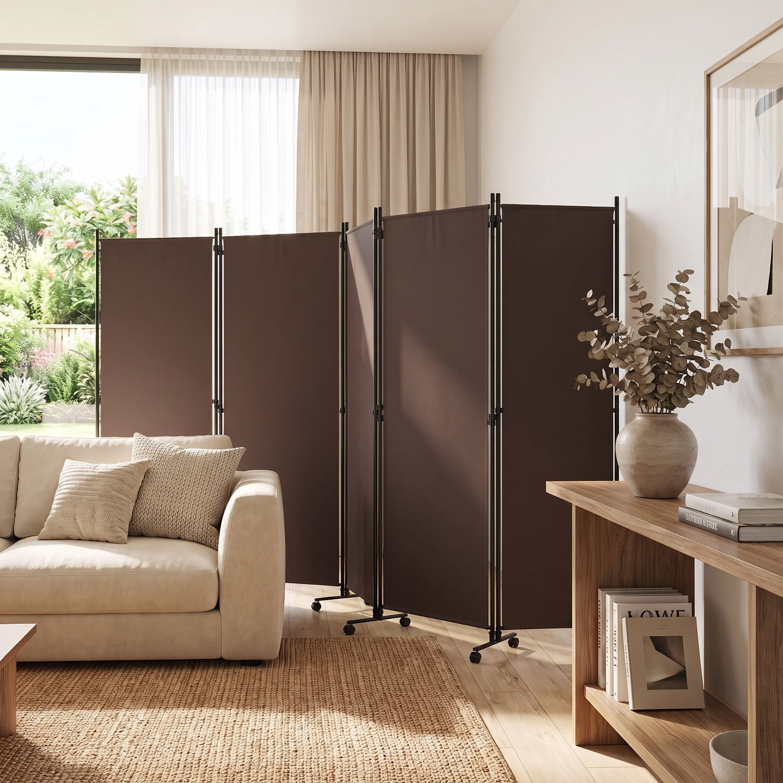 Vebreda 6-Panel Rolling Room Divider Folding Privacy Screen with Lockable Wheels, Freestanding Fabric Partition for Bedroom Office Studio, Coffee