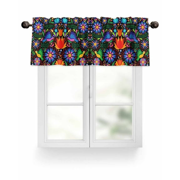 Boho Mexican Texture Kitchen Valances for Windows Abstract Floral Bird Valance Curtains for Kitchen /Living Room/Bedroom/ Bathroom Decor, 42"x12 " ,Rod Pocket 1 Panel, Multicolor