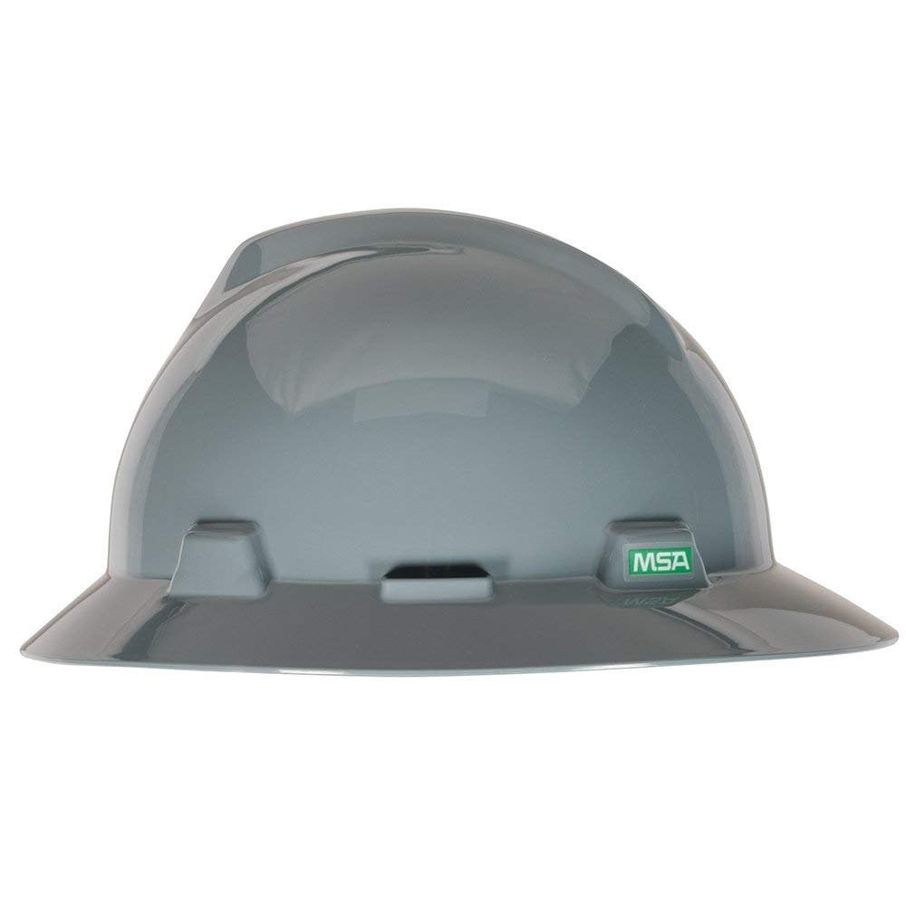 MSA 475367 V-Gard Full-Brim Hard Hat With Fas-Trac III Ratchet Suspension  Polyethylene Shell, Superior Impact Protection, Self Adjusting Crown Straps - Standard Size in Navy Gray