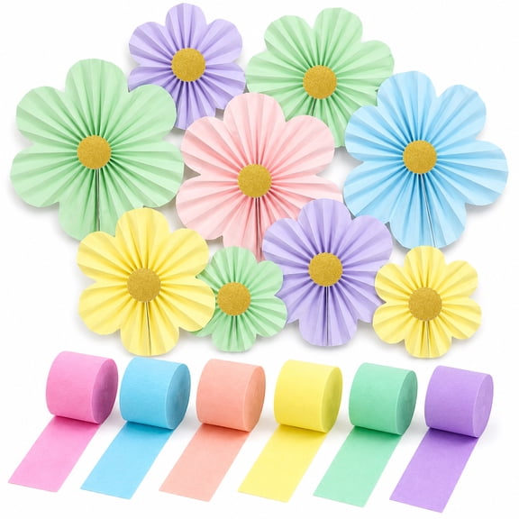 9 Pcs Paper Flower Backdrop and 6 Rolls Crepe Paper Streamers, Pastel Party Decorations Set for Birthday Wedding Classroom Wall Decor