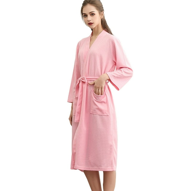 Lightweight Waffle Knit Bathrobe for Men & Women - Solid Color Lounge Robe - Home Spa & Hotel Style Wear | Hontri | Unisex Breathable Solid Color Bathrobe Splicing Home Clothes Robe (Pink | M)
