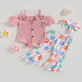 thumbnail image 2 of 3PCS Toddler Girl Short Sleeve Romper Rib Knit Button Bodysuit Flare Pants Clothes, 2 of 6