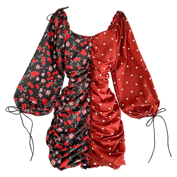 Vestido plisado Estampado floral Vestido sexy con manga de linterna en bloque de color con cuello en V, Rojo Methold AP001392-01B