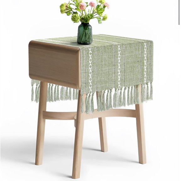 Boho Table Runner Short 15.7 x 36 inch, Spring Sage Green Coffee Table Cover, Green Linen Small Table Cloth, Dresser Runner Scarf for Nightstand, Bedside End Table, Rustic Farmhouse Easter Home Decor