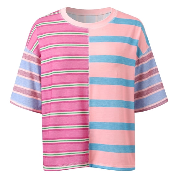 Womens Summer Striped Shirts Color Block Loose Fit Short Sleeve Crew Neck Tees for Summer Beach & Daily Outfits (Multicolour XL)