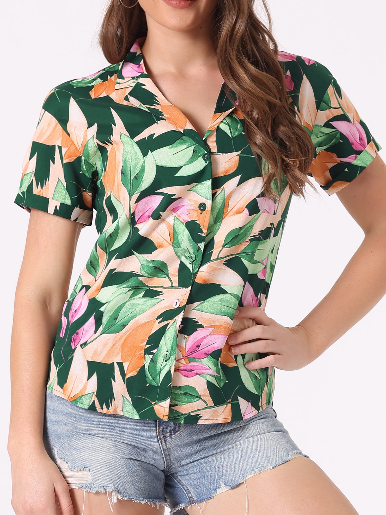 DARING DIVA Floral Leaves Print Short Sleeve Beach Top M Green Leaf