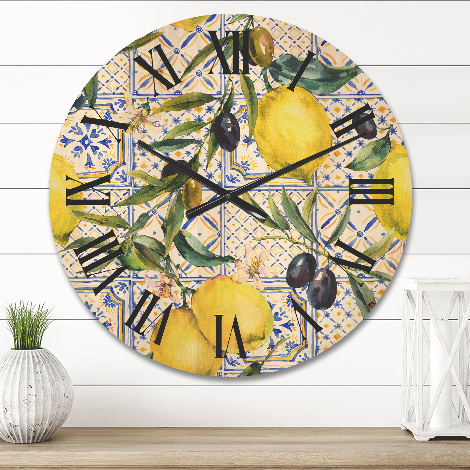Designart 'Geometrical Pattern of Lemon Ornament On Blue III' Tropical Wood Wall Clock