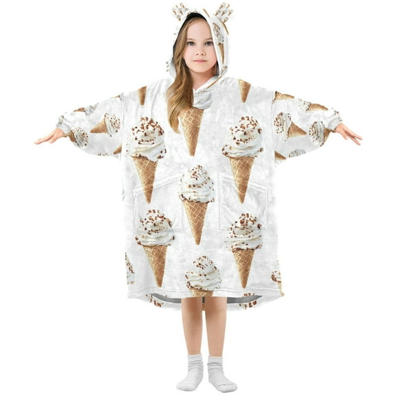 FORMRS Wearable Blanket Hoodie with Sleeves for Kids Cozy Flannel Sweatshirt, Cartoon Ice Cream Pattern